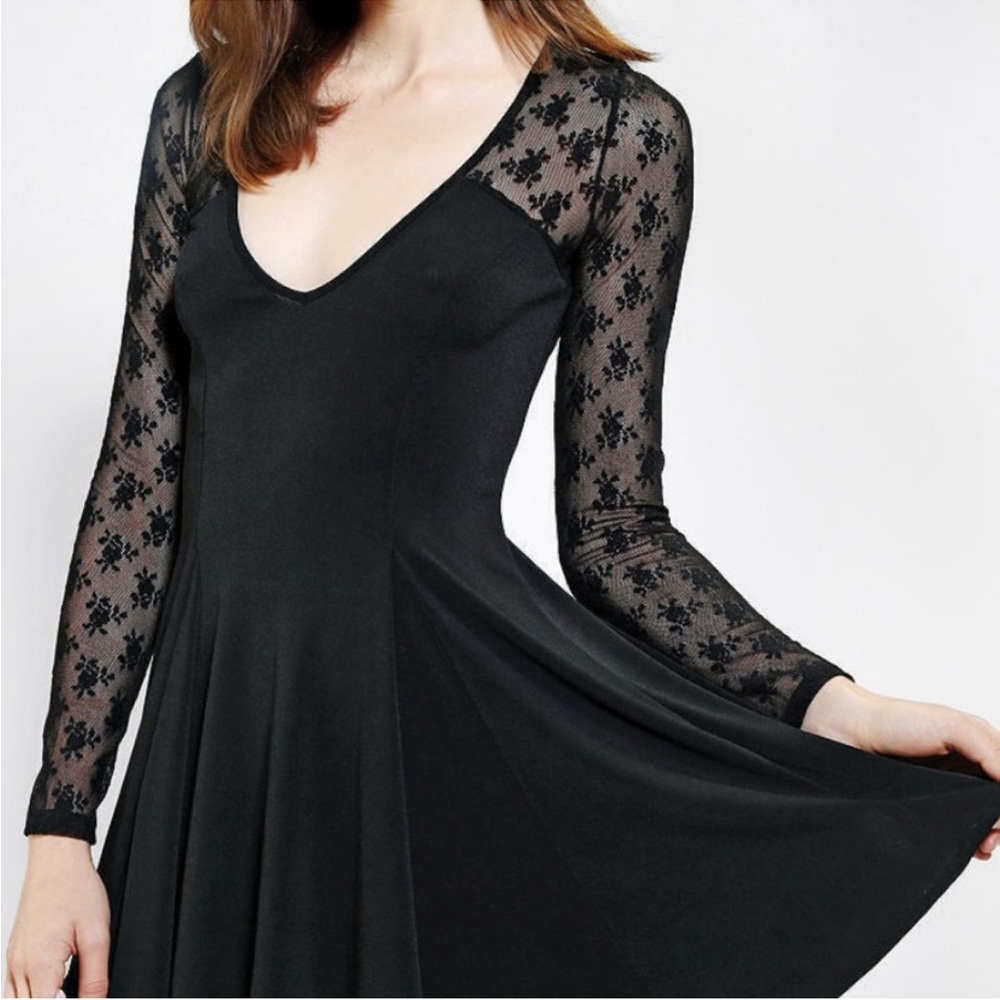 Urban Outfitters Black Sheer Lace Deep-V Skater Dress